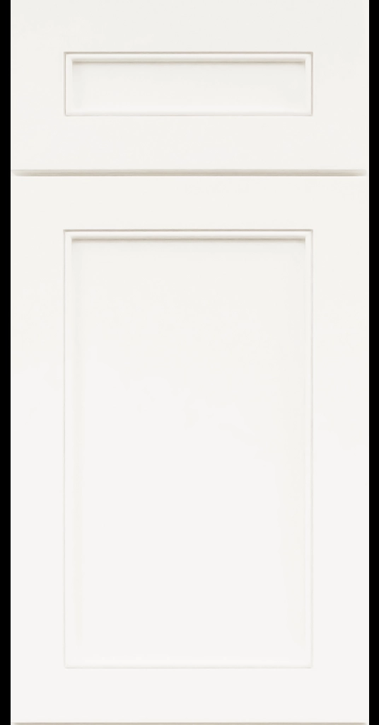 Alpine-style mitered shaker cabinet in Dove White with a flat center panel and inside bead detail.